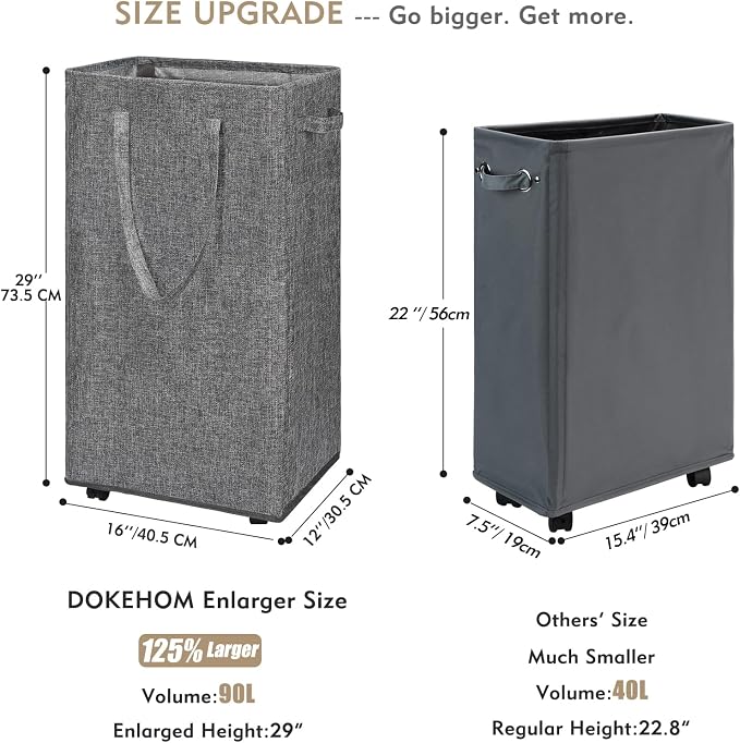 DOKEHOM 90L X-Large Laundry Basket with Removable Wash Bag on Wheels, Collapsible Rolling Laundry Hamper, Foldable Clothes Organizer, Folding Washing Bin (Linen Grey)