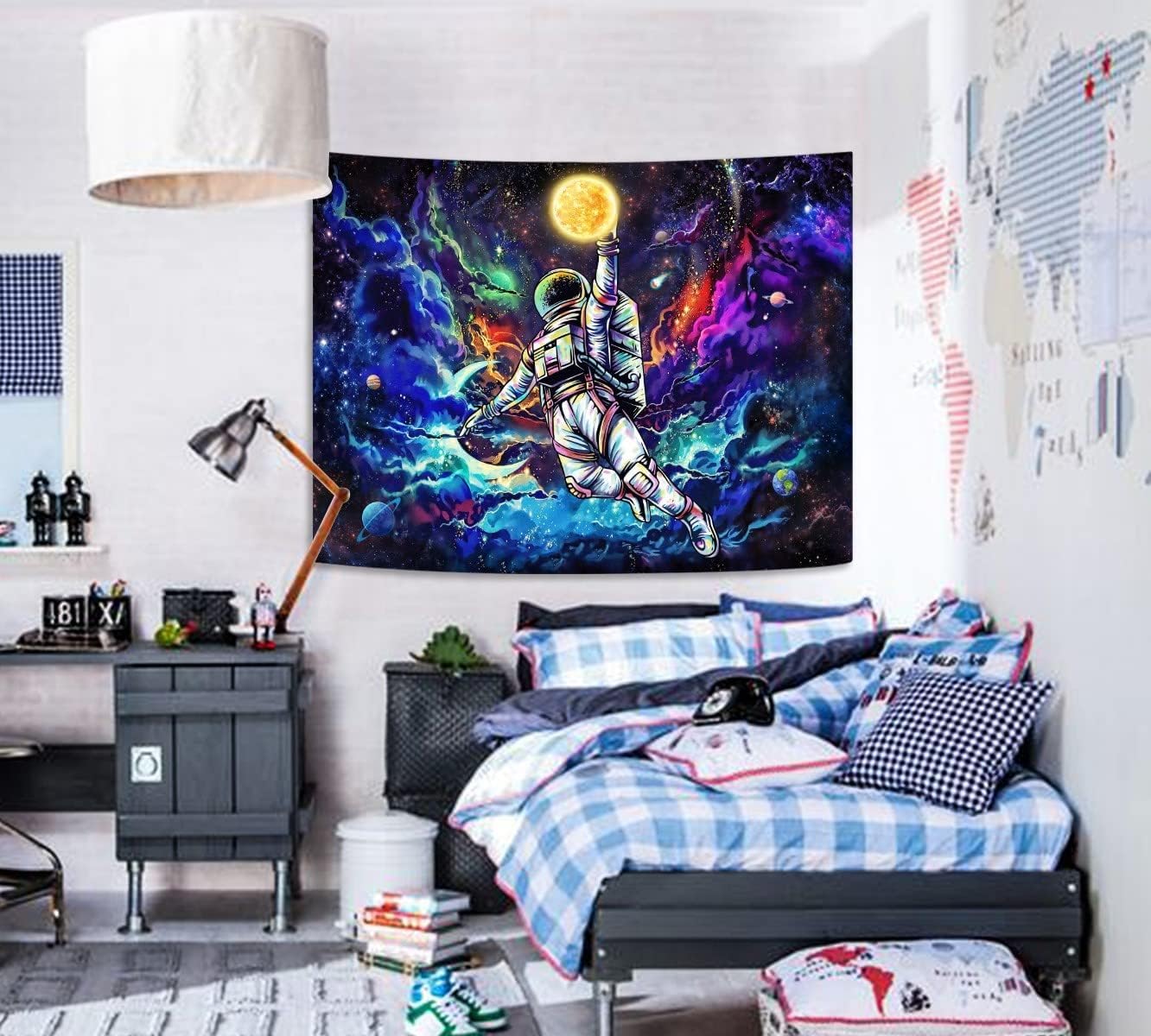 kampdream Blacklight Astronaut Space Tapestry, UV Reactive Galaxy Universe Planet Glow in Dark Tapestries for Men, Boys and Teens Cool Poster 36×48 inch