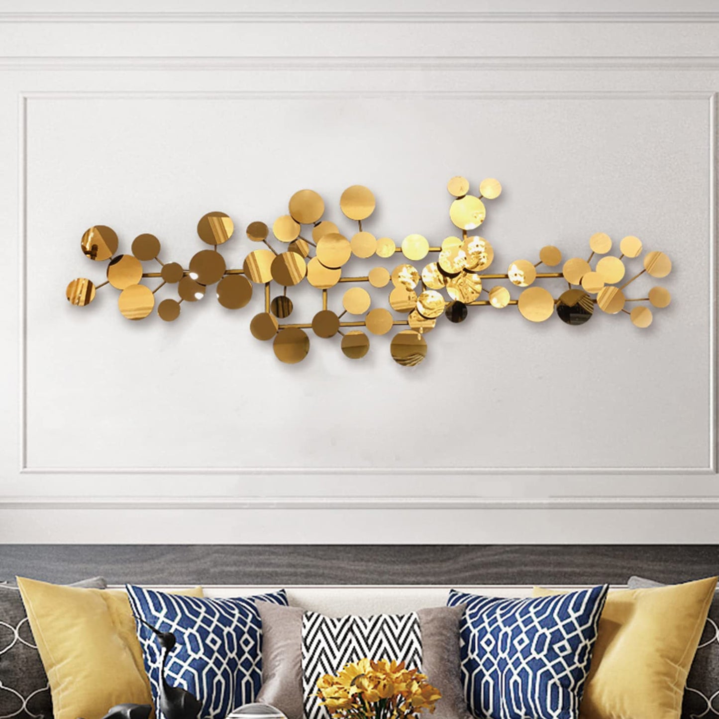 YUDACHU Modern Metal Wall Art for Living Room & Bedroom | 3D Geometric Sculpture 59”×20” | Gold Luxury Wall Decor Accent, Indoor Use, Hanging Kit Included