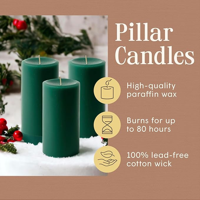 Mister Candle Dripless Unscented Pillar Candles, Set of 3 Hand Poured Hunter Green Pillar Candles, Solid Color Non-Scented Candles for Home Decor, Premium Wax, 80 Hr Burn Time, 3x6 Inch