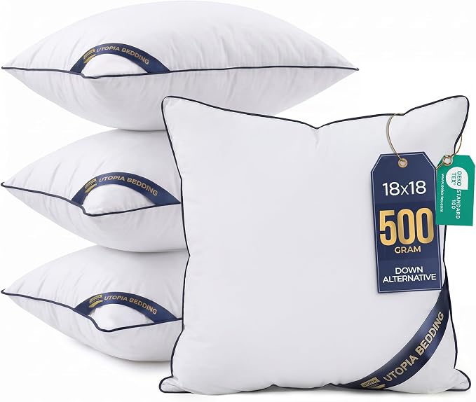 Utopia Bedding Throw Pillow Inserts (Pack of 4, White), 18 x 18 Inches Decorative Indoor Pillows for Sofa, Bed, Couch, Cushion Sham Stuffer