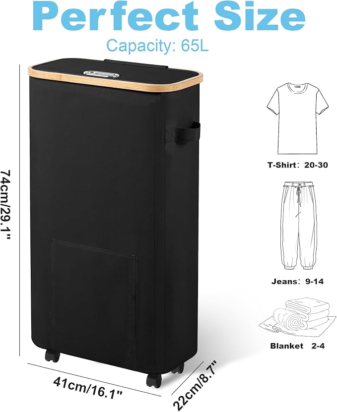 Vincona Laundry Basket with Wheels, Tall Dirty Clothes Hamper on Wheels, Rolling Laundry Hamper with lid for Dorm, Bedroom and Bathroom