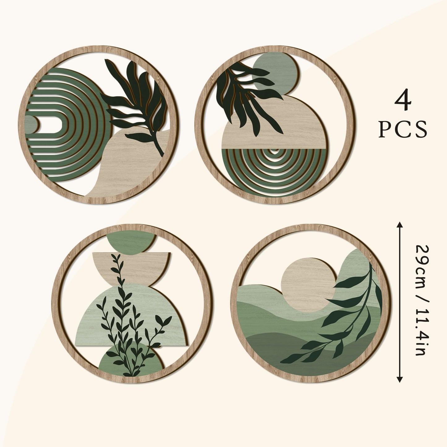 TOARTi 4 Pieces Green Botanical Wooden Wall Art Bohemian Hanging Art Farmhouse Geometric Wooden Wall Decor Aesthetic Tropical Plant Artwork Boho Minimalist Wall Decor for Bedroom Living Room