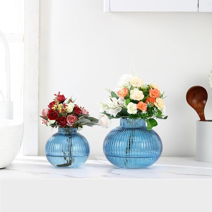 Blue Glass Vases for Tulips, Set of 2, Flower Vases for Bouquet, Ribbed Glass Vase for Flowers, Short Vase for Living Room, Office, Coffee Table, Shelf, Wedding