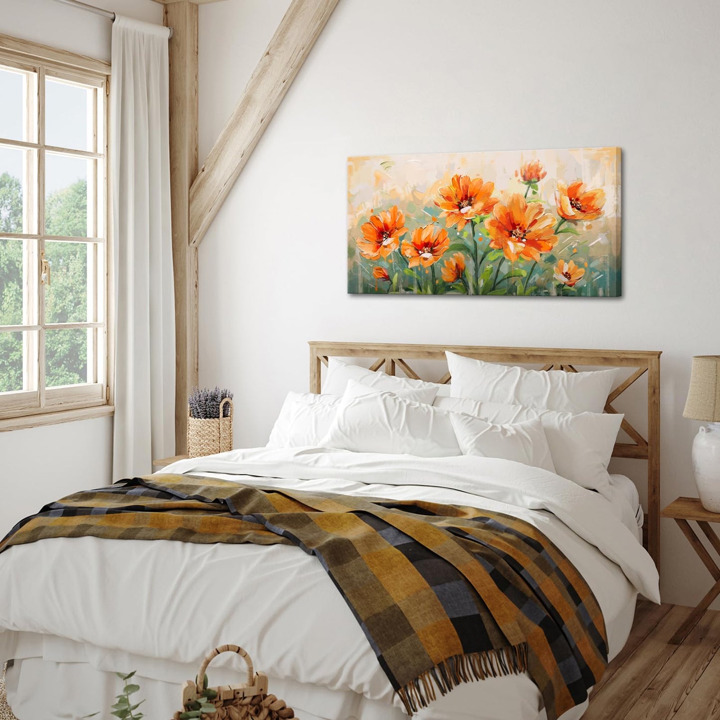 Saypeacher Orange Flower Wall Art Burnt Orange and Green Wall Decor Larg Floral Painting Prints for Living Room Bedroom 24x48inches