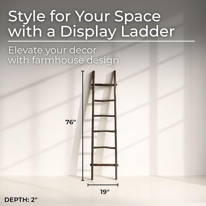 Decorative Vertical Ladder with Towel Rack Design for Blankets - Slim Storage Stand with Hooks for Bedroom or Living Room - Classic Textile Display Accent for Home Decor Ladder - 76", Black