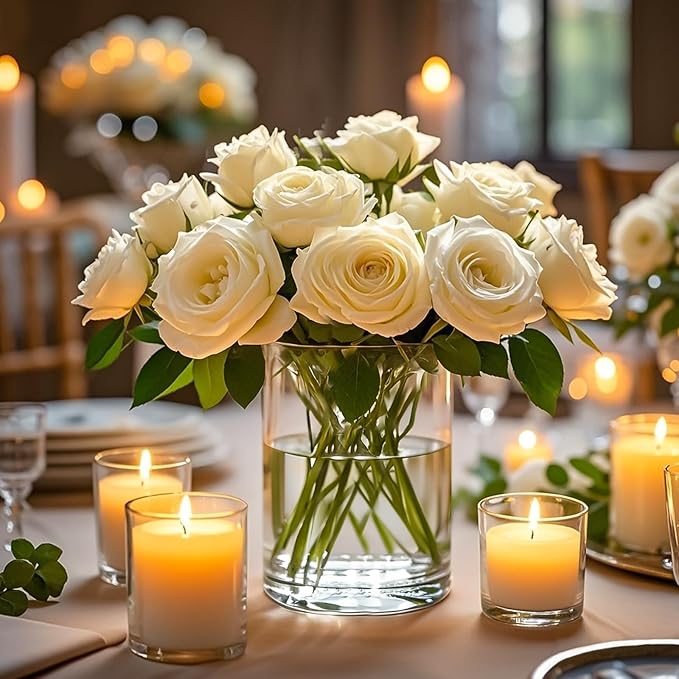 TBWIND 6Pcs Glass Cylinder Vases for Centerpieces, 6" x 4.7" Wide Mouth Flower Vase Hurricane Glass Candle Holders, Clear Vases Bulk with 2 Floral Tapes for Floating Candles Wedding Party Home Decor