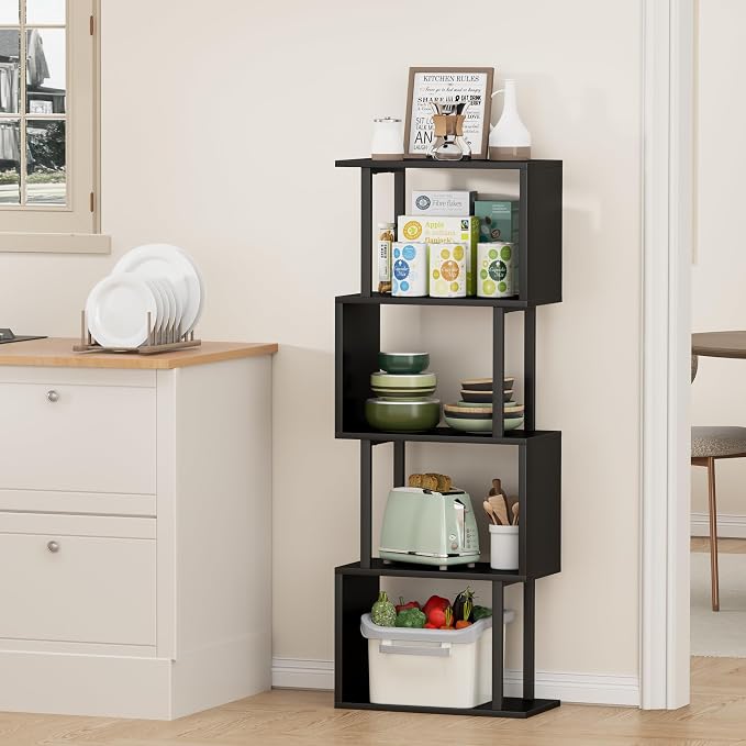 Gadroad 4-Tier Bookshelf, Narrow S-Shaped Geometric Bookcase, Wood Decorative Storage Shelving, Modern Freestanding Display Shelves, Book Shelf Unit for Living Room Bedroom Home Office, Black