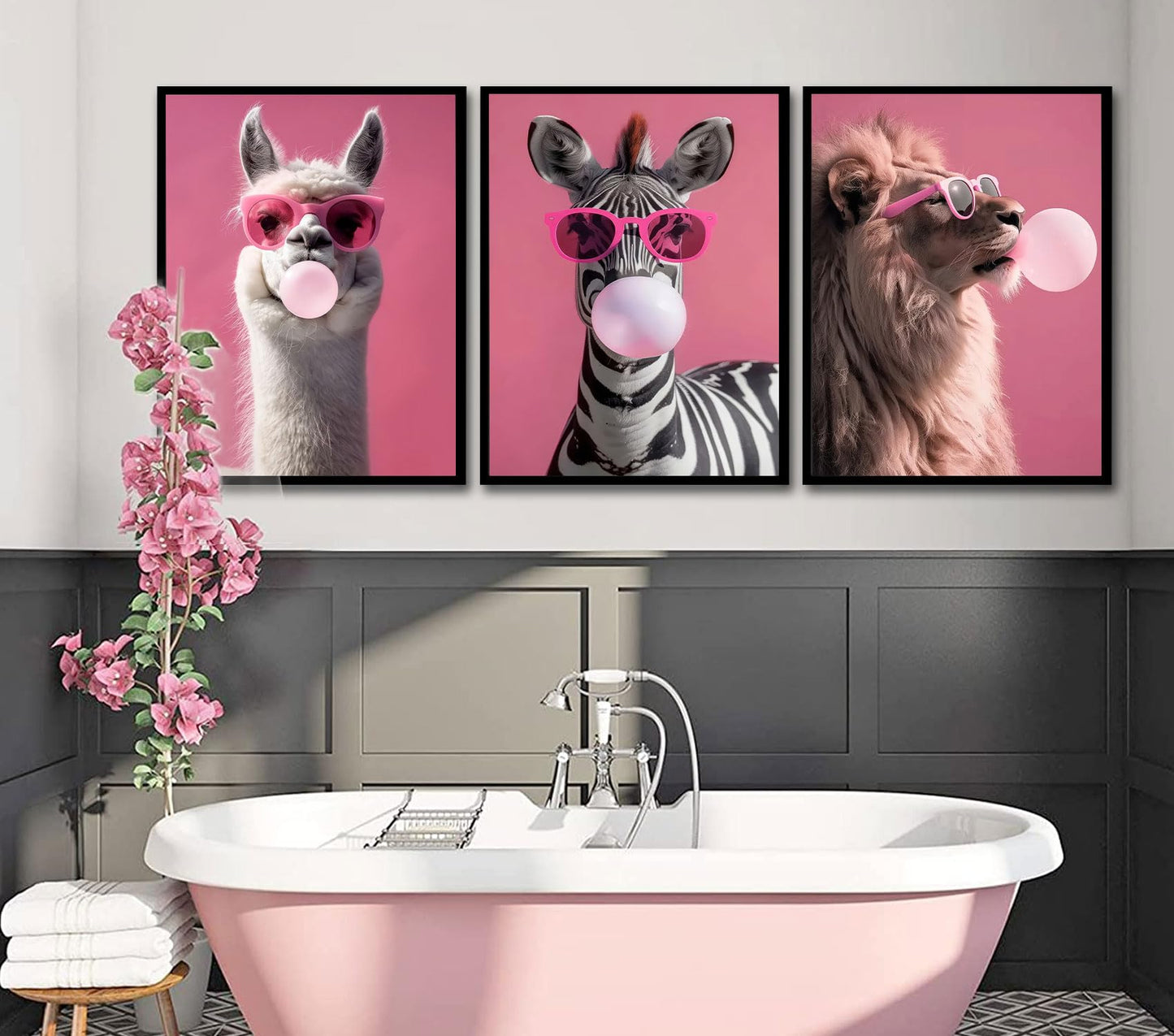 3 Pcs Funny Animal Canvas Wall Art, Pink Sunglasses Alpaca Zebra Lion Poster Prints, Modern Pop Art Wall Decor for Bedroom Bathroom Living Room Laundry Room, 12x16 Inch Unframed