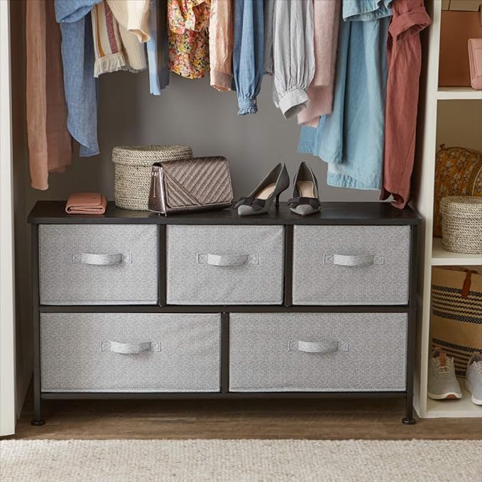Amazon Basics Extra Wide Fabric 5-Drawer Storage Organizer Unit for Bedroom Closet, Black