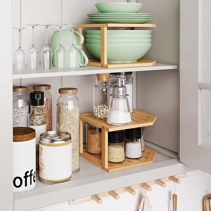VERTORGAN Bamboo Corner Shelf(2 Pack),2 Tier Plate Organizer for Cabinet and Countertop,Pantry Dish and Spice Rack for Kitchen