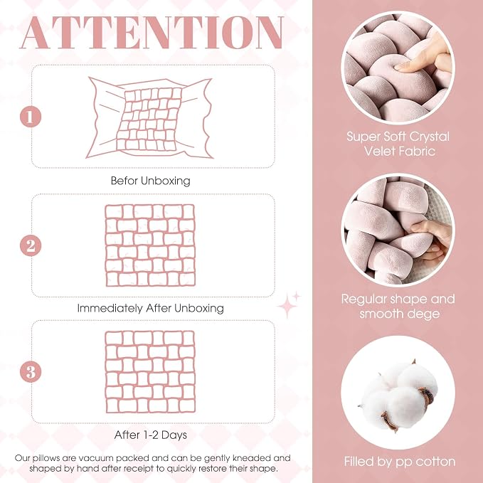 Wenqik 2 Pcs Knot Pillows Square Knotted Plush Throws Soft Accent Pillows Decoration Cushion for Couch Home Office Living Room Bedroom Bed Sofa Decor, 12'' x 13''(Haze Pink,Crystal Velvet)