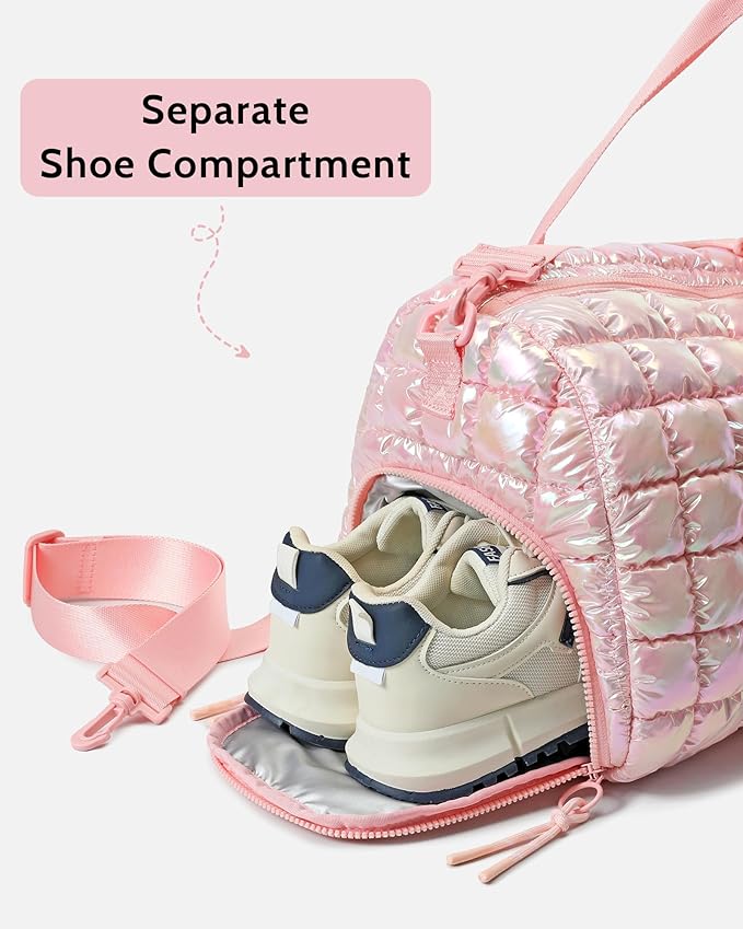 Quilted Duffel Bag for Women, Puffer Gym Duffle Bag with Shoe Compartment Lightweight Large Crossbody Sport Travel Bag Tote Pink Abalone