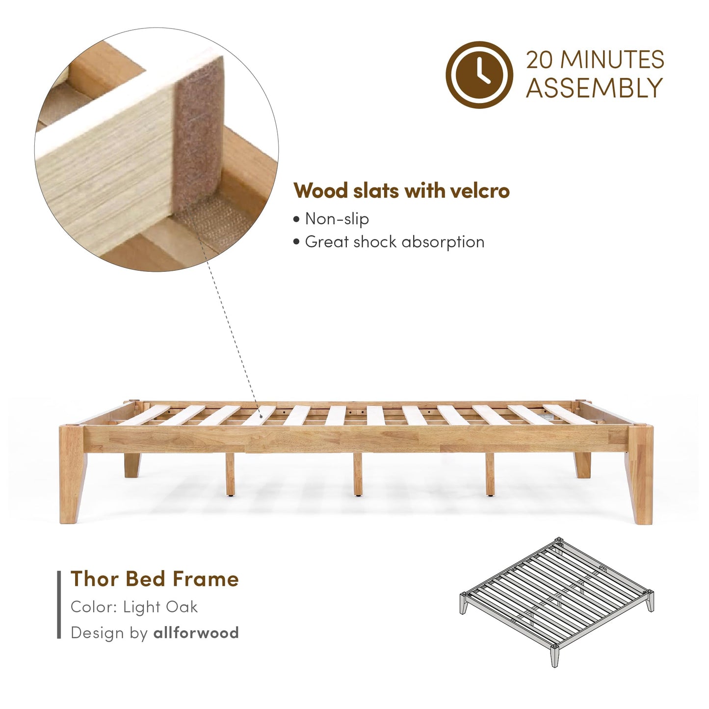 AllForWood Thor Premium Solid Wood Bed Frame Full, Japanese Joinery Bed Frame with Wood Slat Support, Platform Bed, No Box Spring Needed, Easy Assembly, Minimalist & Modern Style (Light Oak)