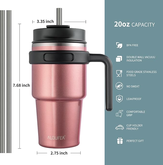 20 oz Insulated Coffee Mug Tumbler with Handle, Stainless Steel Travel Mug Tumbler with Lid and Straw,Double Wall Vacuum Leak Proof Ice Coffee Thermal Cup, Rose Gold
