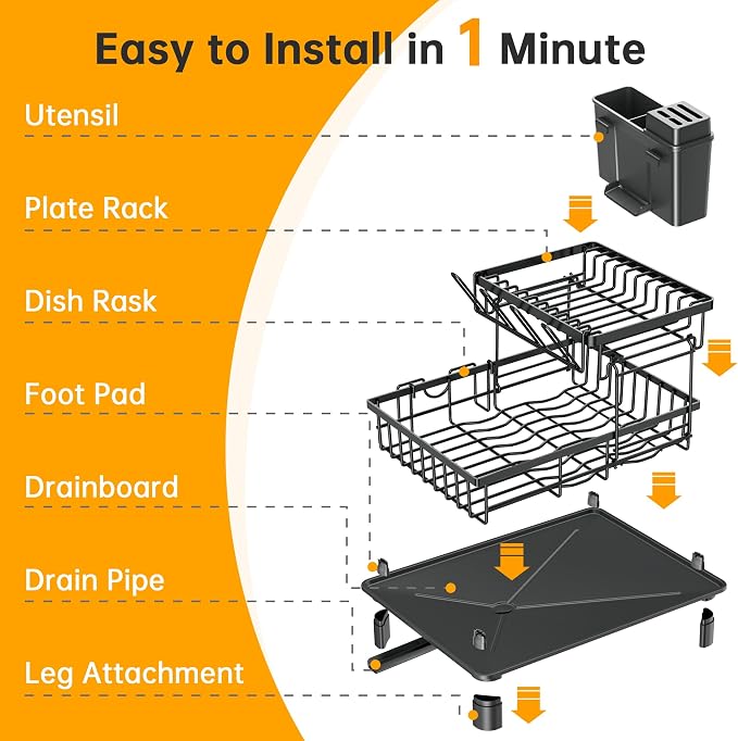 Dish Drying Rack, 2 Tier Dish Racks for Kitchen Counter, Compact Drying Rack Kitchen, Rust-Resistant Dish Drainer, Detachable Space-Saving Dish Rack with Drainboard, Utensil Holder, Black
