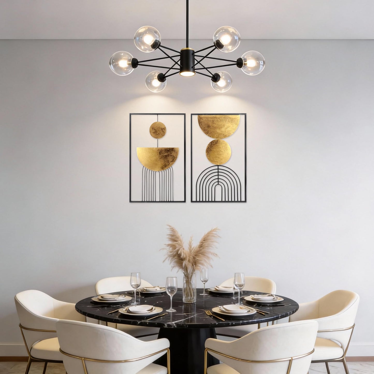 Abstract Geometric Wall Decor Set, Gold and Black Metal Wall Art with Circular and Linear Designs, 2 Piece Framed Modern Wall Sculpture