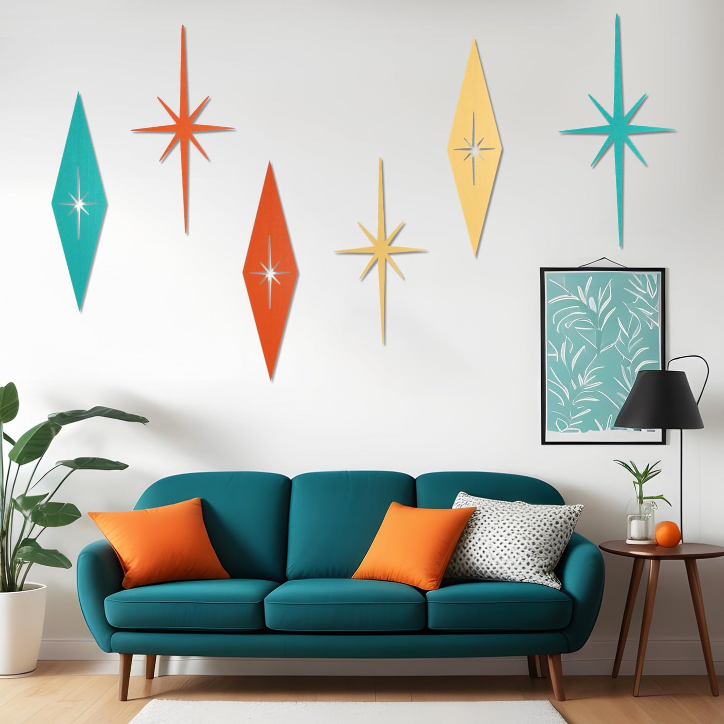 Otoolling 6 Pcs Starburst Modern Mid Century Wall Art Cast Iron Retro 3D 8 Pointed Atomic Star Retro Wall Metal Home Decor Elegance Accents Easy Install Finish Hangings for Office Room