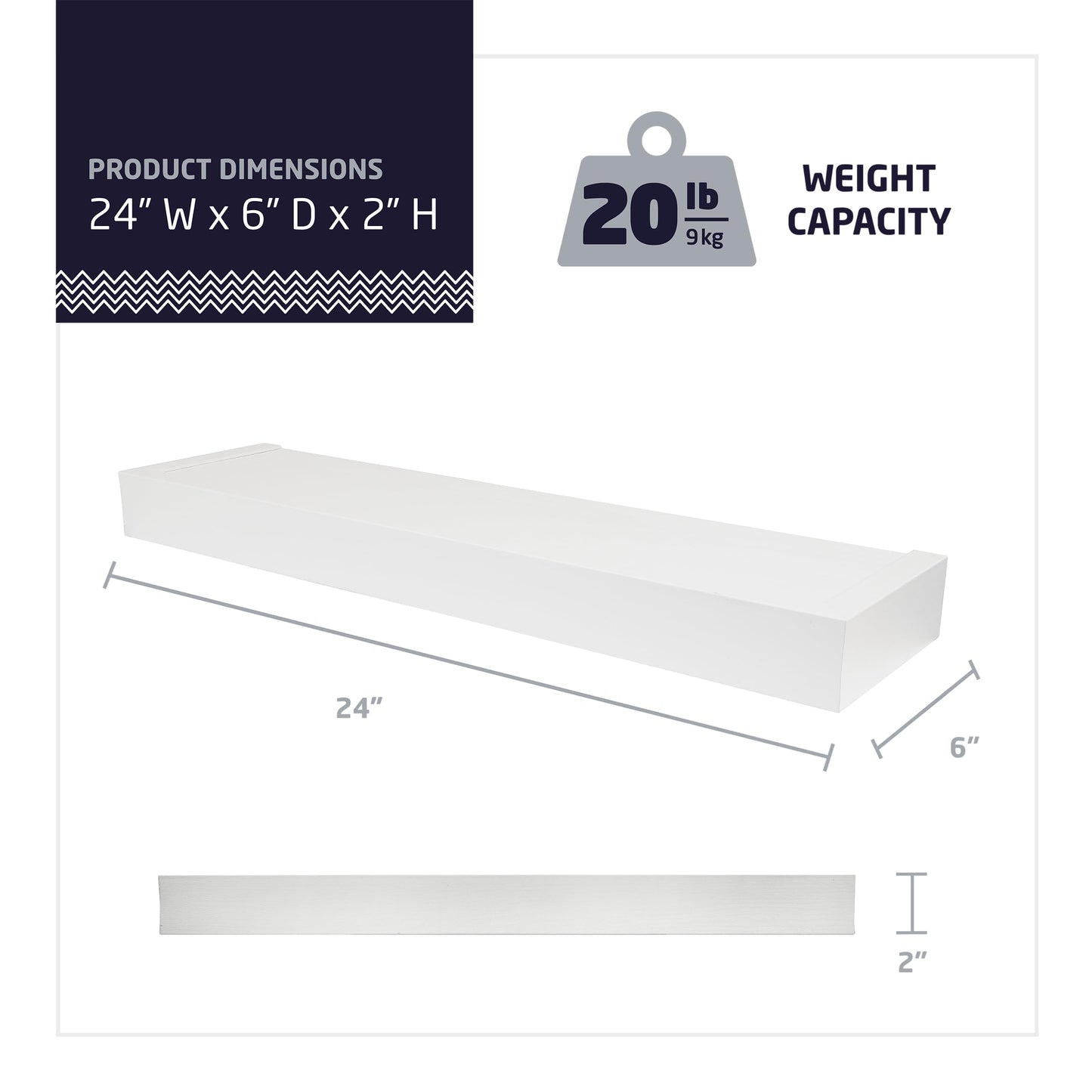 HIGH & MIGHTY Modern 24" Floating Shelf Holds up to 20 lbs, Easy Tool-Free Dry Wall Installation, Flat, White | 515657
