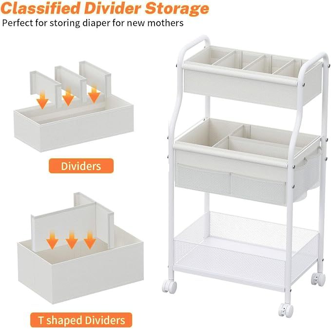 3-Tier Diaper Caddy Organizer & Rolling Cart,Metal Utility Cart with 4+2 Dividers & Lockable Silent Casters, Mobile Storage Cart for Nursery Essentials, Multi-Purpose for Kidsroom Changing Table