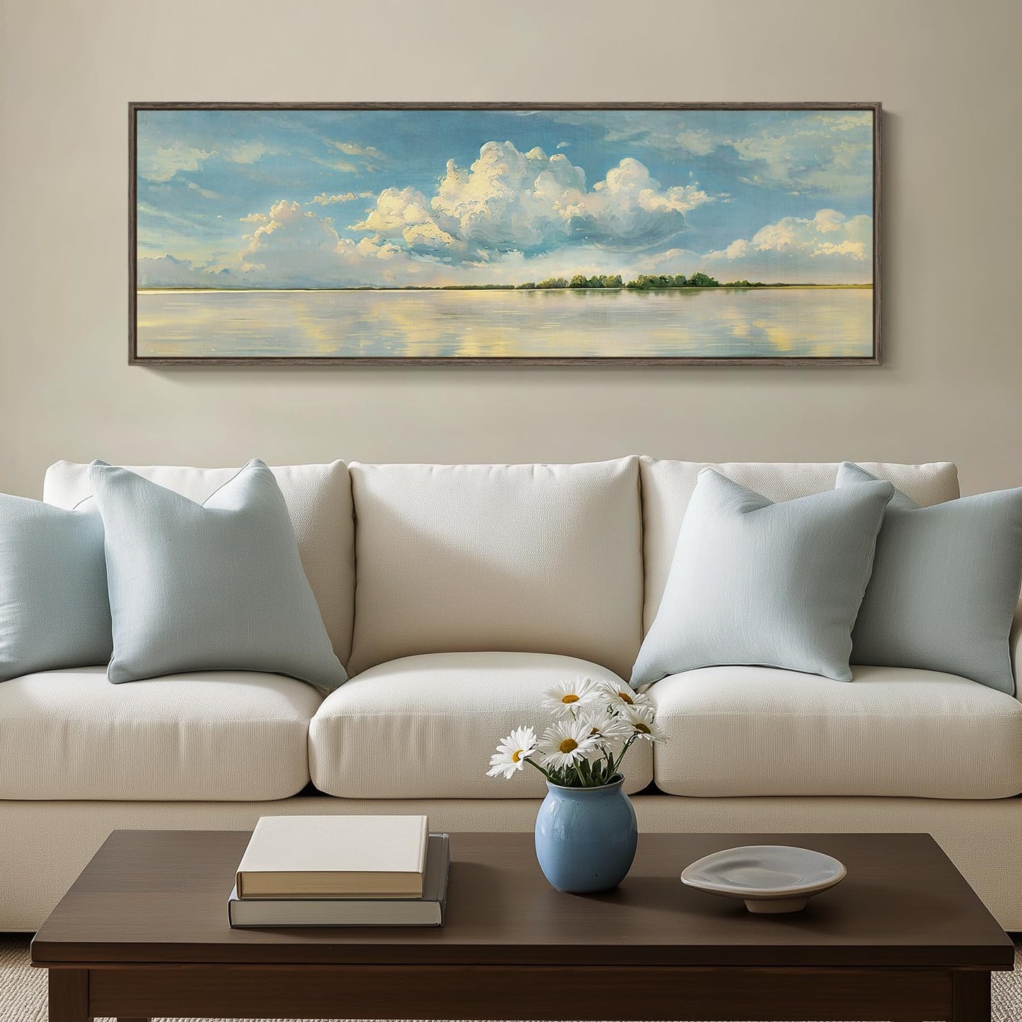 Framed Blue Landscape Canvas Wall Art, Sky Cloud Artwork for Walls, Horizontal Nature Scenery Painting Prints for Living Room, Bedroom, Home Office Wall Decor 16x48 Inch
