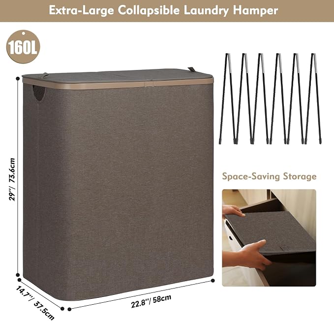 DOKEHOM 160L Extra Large Laundry Hamper with Lid, 2-Section Double Laundry Basket with Removable Mesh Liner Bags, Collapsible Clothes Sorter for Family, Bedroom, Laundry Room, Khaki