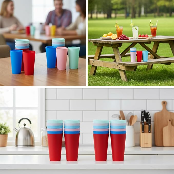 AOYITE 32 ounce Reusable Plastic Tumblers Set, BPA-Free and Dishwasher Safe Drinking Cups, Kids Glasses Set of 12 in 6 Assorted Colors For Indoor Outdoor Use