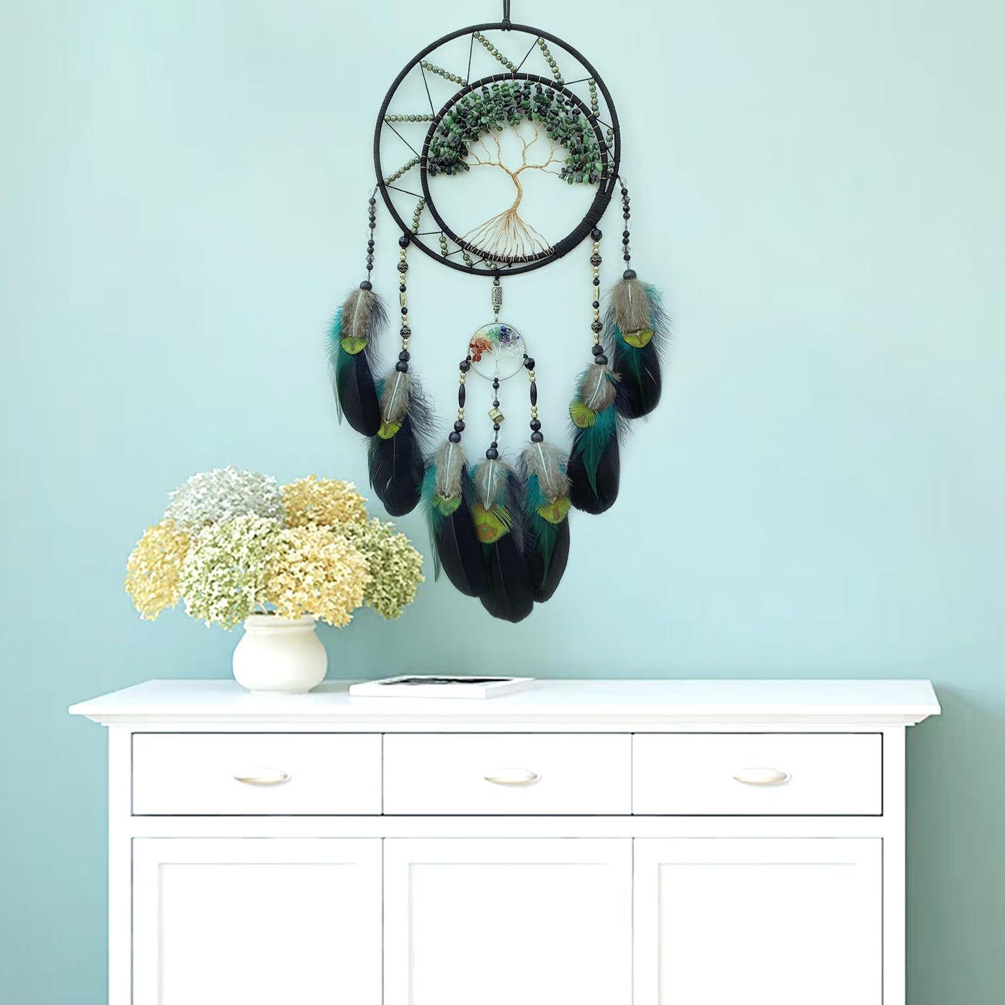 RAGKUU Black Large Dream Catcher Wall Decor Crystal Tree of Life Dream Catchers Handmade Feather Dreamcatcher Wall Hanging Ornament for Bedroom Living Room Home Decor