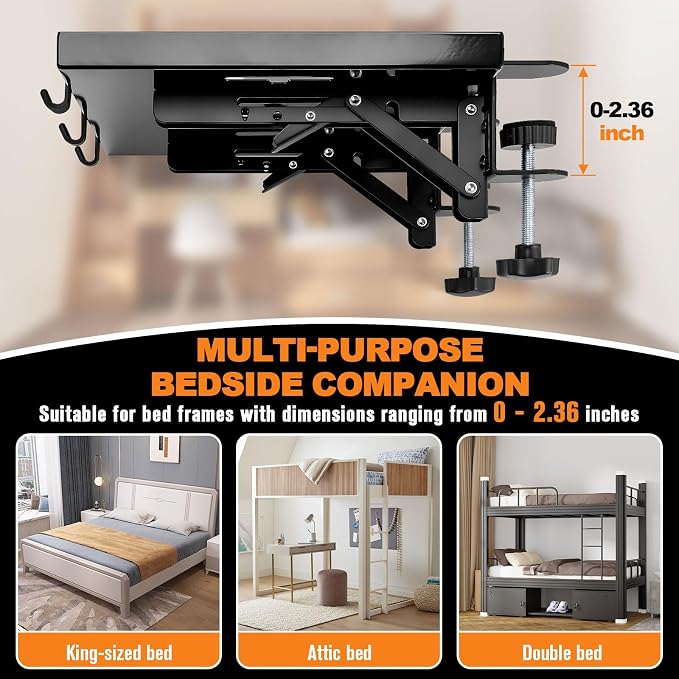 Bunk Bed Shelf, Dorm Bed Shelf, Foldable Bedside Shelfs, Bedshelfie, Heavy Duty Metal Floating Nightstand Beds Tray Table Tray Organizer Tray with 3 Cord Hole(Black)