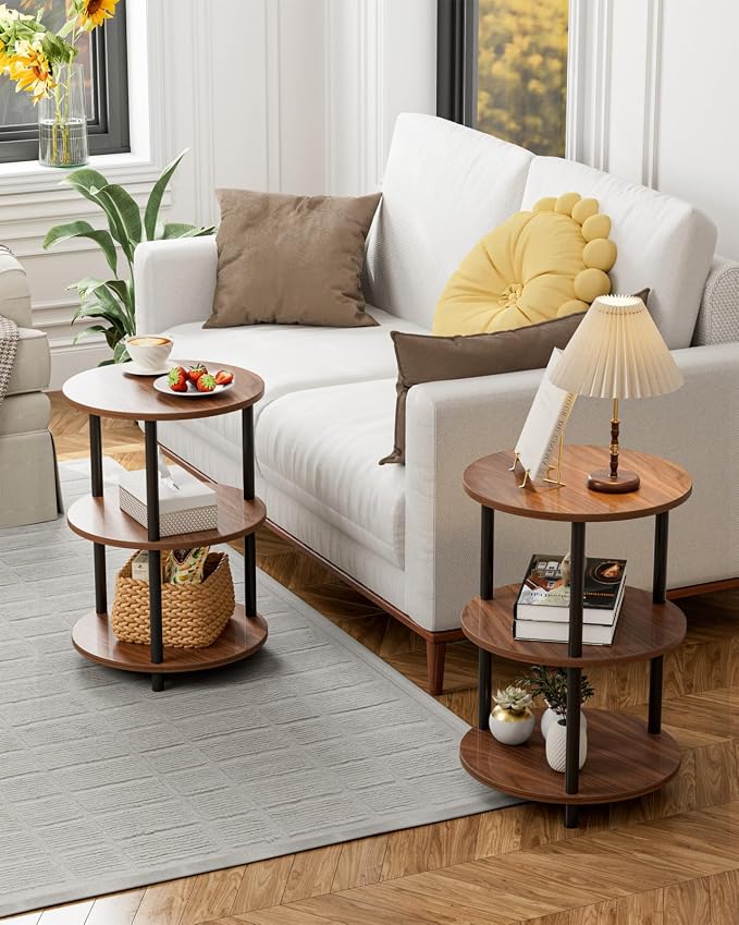 XBurmo Small Round End Table - 3 Tier Design Accent Table, Narrow Side or Bedside Stand, Industrial Vintage Nightstand for Bedroom, Living Room, or Small Spaces, Set of 2, Rustic Walnut