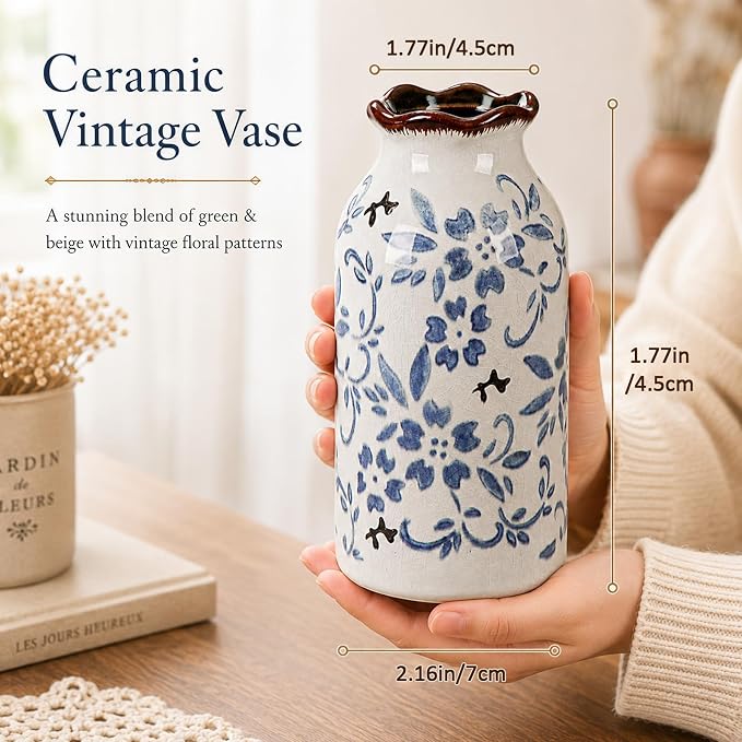 Blue Vase Chinese Ceramic Crackle Floral Vase for Blue and White Porcelain Home Bookshelf Living Room Table Centerpiece Decor