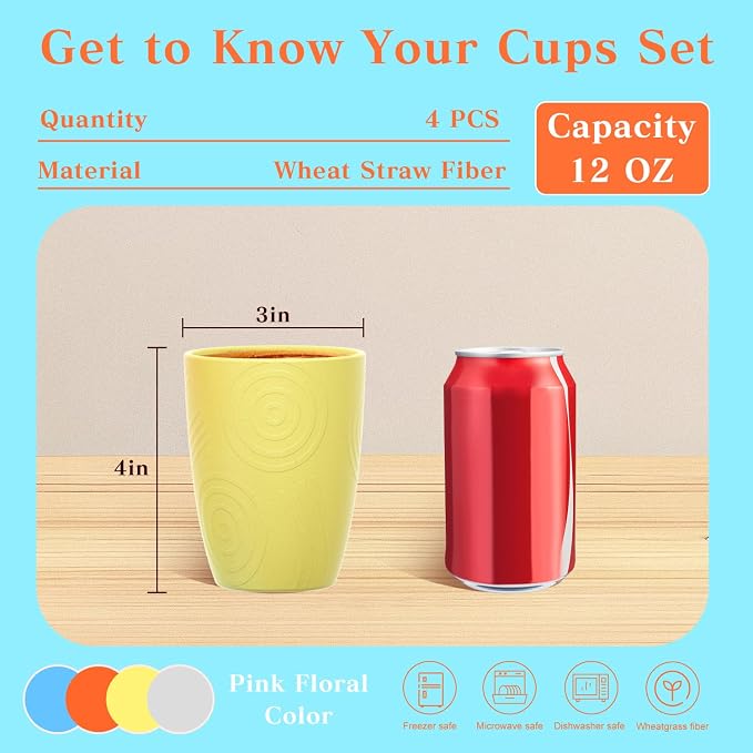 Homienly Drinking Glasses & Shatterproof Cups Set of 4 | Premium Wheat Straw, Non-Toxic Reusable Plastic Cups | Dishwasher & Microwave Safe for Beach, Camping... (12 oz, Beach Color)