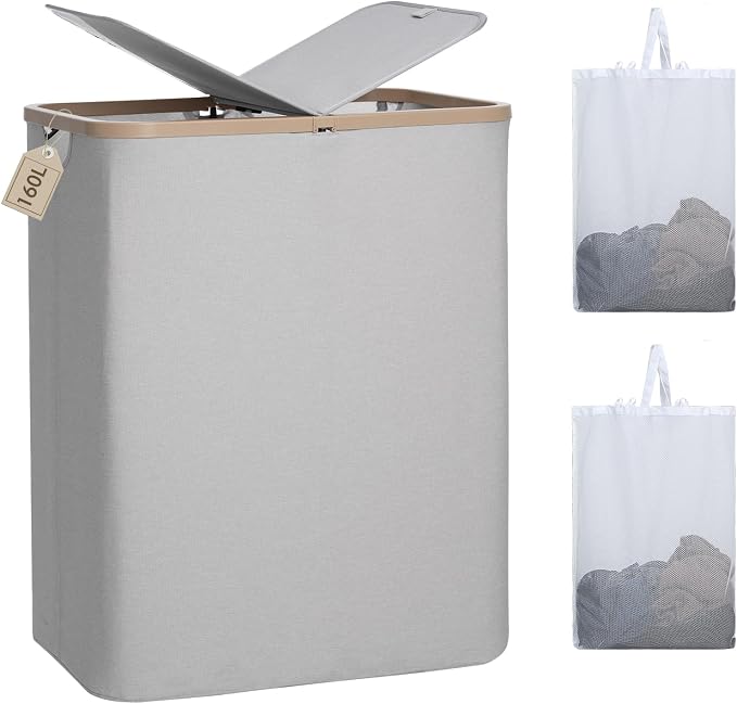 DOKEHOM 160L Extra Large Laundry Hamper with Lid, 2-Section Double Laundry Basket with Removable Mesh Liner Bags, Collapsible Clothes Sorter for Family, Bedroom, Laundry Room, Light Grey