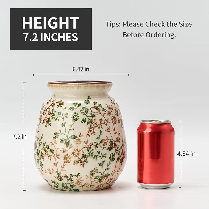 SIDUCAL Ceramic Vintage Pastoral Vase, 7.2 Inch Chinoiserie Floral Vase, Retro Ice Cracked Rustic Farmhouse Vases for Home Decor, Living Room, Bookshelf, Office, Tuscan Decor, Green and Beige
