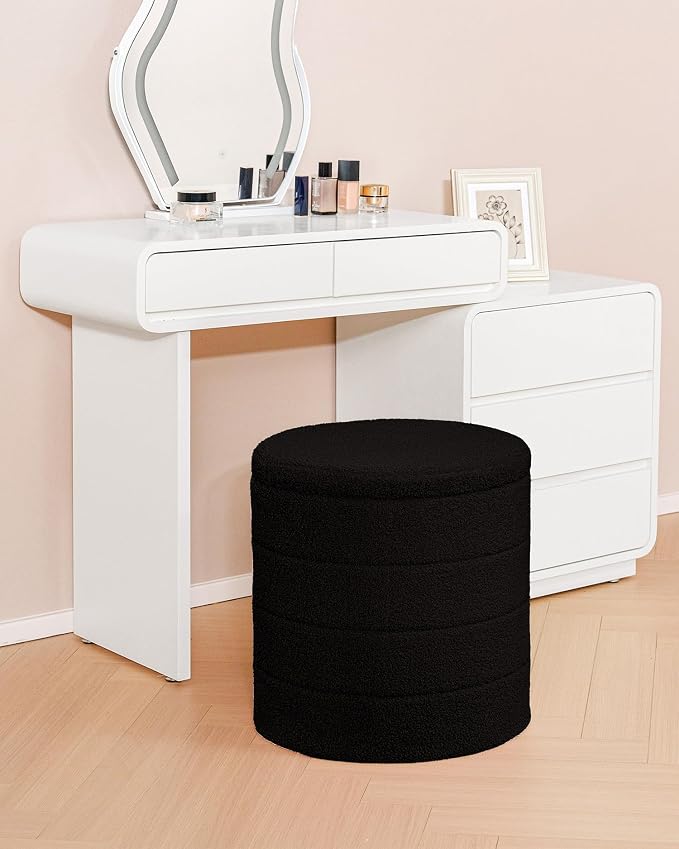 B FSOBEIIALEO Ottoman with Stroage, Round Sherpa Storage Ottoman Stool, Boucle Foot Rest 16.9"x16.9"x17.7"（Black