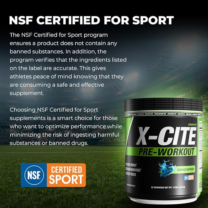 X-CITE Pre-Workout by ATHLEAN-X - Enhanced Formula with Beta-Alanine, Creatine & Caffeine for Energy, Endurance, Focus & Muscle Pump, NSF Certified for Sports (22 Servings, Sour Blue Raspberry)