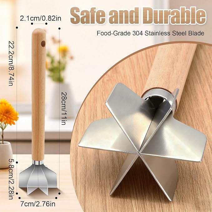 304 Stainless Steel Meat Chopper, 6-Blade Heavy Duty Ground Beef Meat Masher, 11 Inch Food Grade Hamburger Smasher Metal Kitchen Tool for Vegetable Puree Cooking