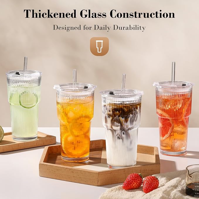 GOSCHE 20oz Glass Tumblers with Straws and Lids, Ribbed Iced Coffee Cups Leak-proof, Dishwasher Safe, Thickened Glass Cups with Lids Ideal for Coffee and Travel, Clear, 4 Pack