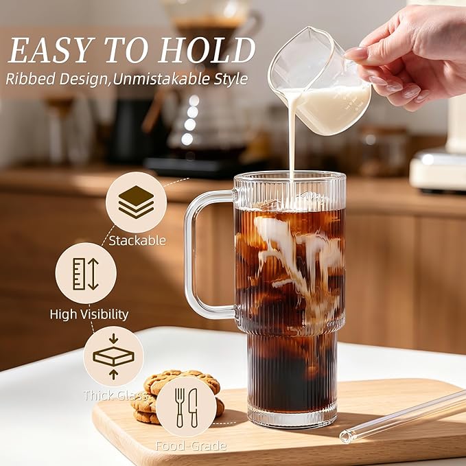 Iced Coffee Cups with Lids: Coffee Bar Accessories - Ribbed Glass Tumbler with Straw and Lid 4 Pack - 24oz Tumbler Leak Proof - Glass Cups and Tumblers with Lid and Straws - Coffee Tumbler with Handle