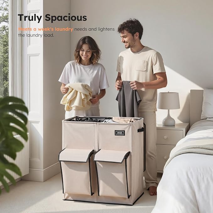 SOLEDI Double Laundry Hamper with Lid, 47.8 Gal (180L) Large Laundr Basket 2 Section with 2 Side Pockets, Dirty Clothes Hamper with Removable Bag, Easy to Carry for Laundry Room, Bedroom, Light taupe