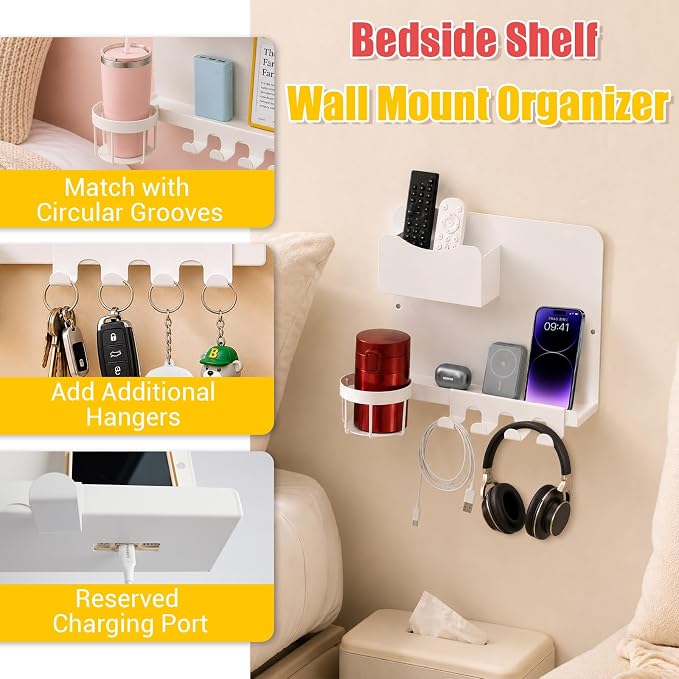 Metal Bedside Wall Shelf, No Drill Floating Bedside Shelf Wall Organizer | Bedside Wall Shelf with Detachable Cup Holder for Bedroom, Dorm, Nightstand Alternative, Bunk Bed Accessories & RV Storage