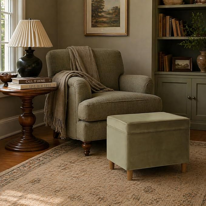Spatial Order Home Decor | Dinah Collection Modern Storage Ottoman | Ottoman with Storage for Living Room & Bedroom(Light Sage Green Velvet)