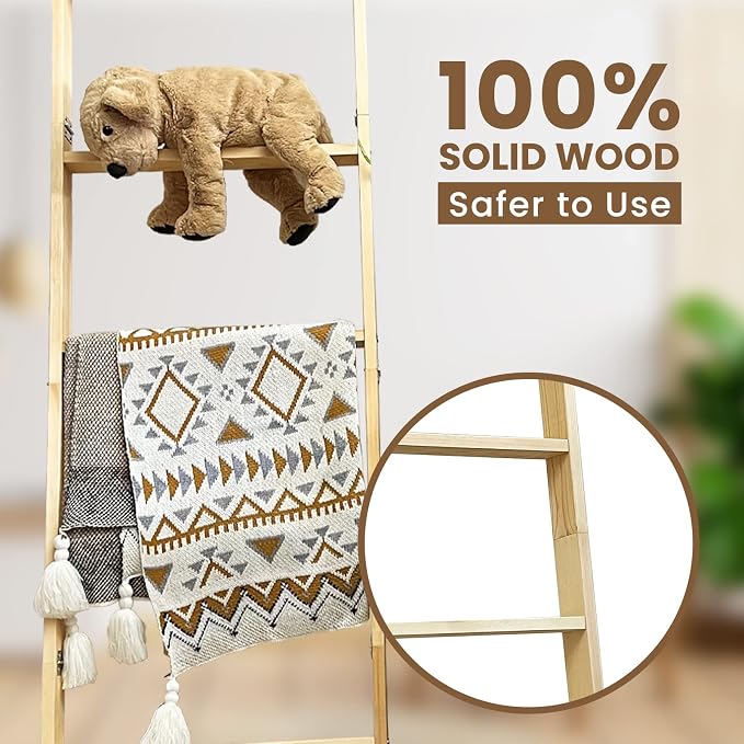 5-Tier Blanket Ladder – 4.8 Ft Wall Leaning Quilt Rack, Farmhouse Blanket Storage for Living Room, Bedroom & Bathroom – Rustic Decorative Wooden Towel & Quilt Holder, Easy to Assemble