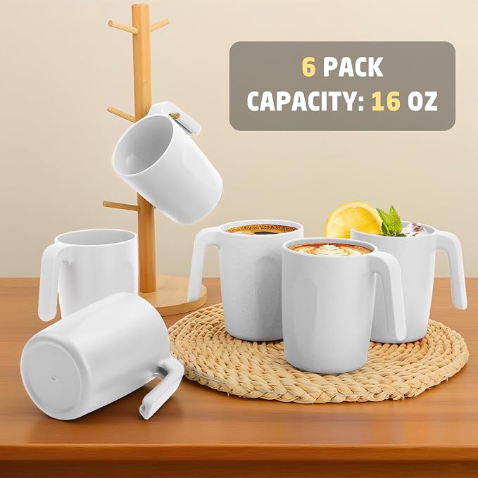 Wheat Straw Cups 16 OZ, Unbreakable Coffee Mugs Set of 6, Alternatives to Plastic Drinking Cups Reusable, Dishwasher Safe Coffee Cups for Kitchen, Camping, Farmhouse - White