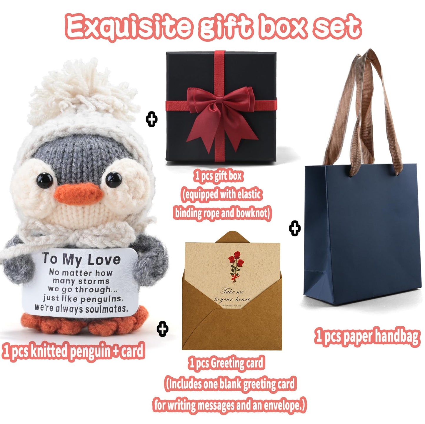 YBSUCLD Handmade Crochet Penguin Gift Set for Boyfriend Girlfriend, Wife Husband, Beloved Lover & Couples - Romantic I Love You Present for Valentine's Day, Wedding Anniversary & Birthday