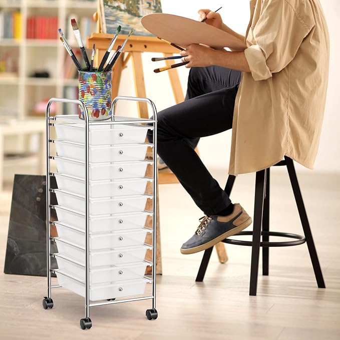 COSTWAY 10-Drawer Rolling Storage Cart, Utility Mobile Trolley with Removable Drawers & Universal Casters & 2 Brakes, Versatile Flexible Drawer Organizer Cart for Home, Office (Clear)
