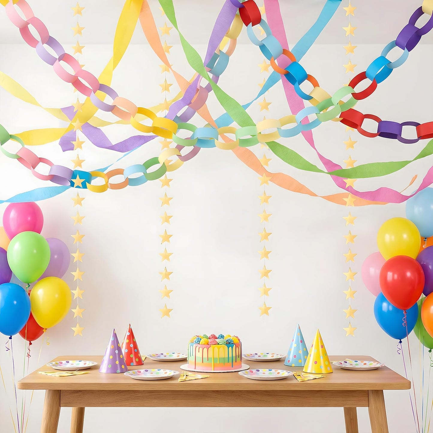 Yquqwn Pastel Paper Chain Garland Kit - 492ft Crepe Paper Streamers & 300 Sheets Paper Strips for Chains - 26ft Double-Sided Gold Star Garland for Birthday, Wedding, Macaron Party Decorations