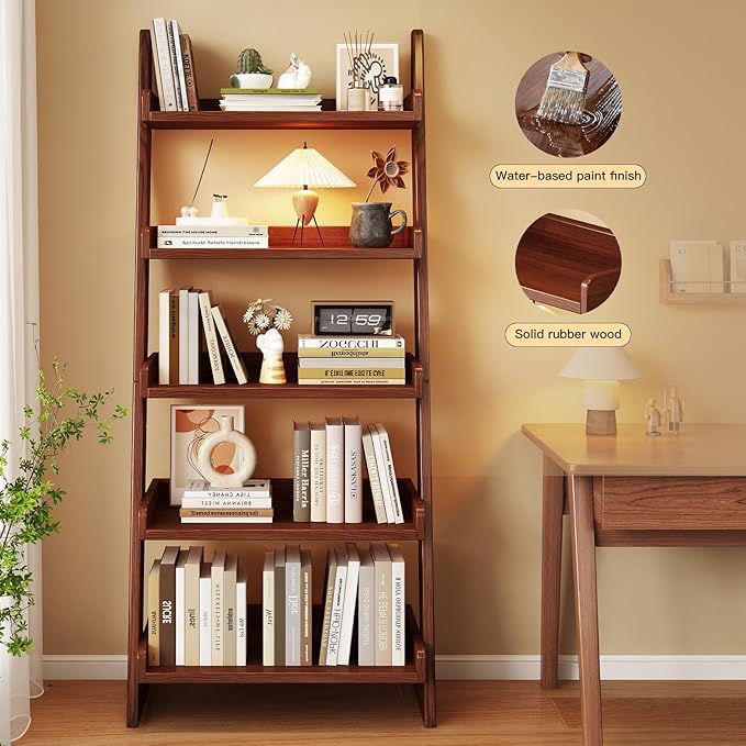 5 Tier Ladder Shelf, Leaning Bookshelf with Wood Frame, 5 Shelf Tall Bookcase Standing Storage Organizer Solid Wood Storage Shelves for Living Room, Bedroom, Home Office (Walnut)