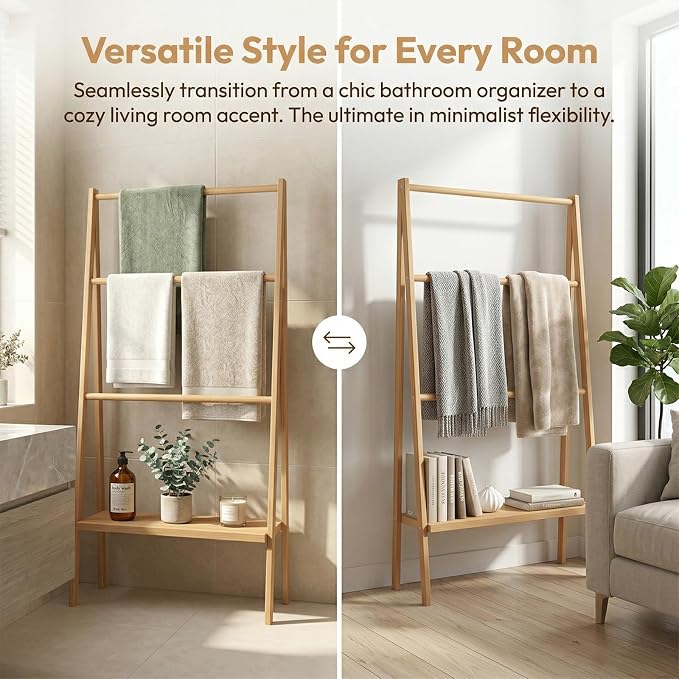 Bamboo Ladder Towel Rack - Blanket Holder with Storage Shelf for Bathroom & Living Room, Freestanding 30.16" L x 12.01" W x 51" H, Eco-Friendly