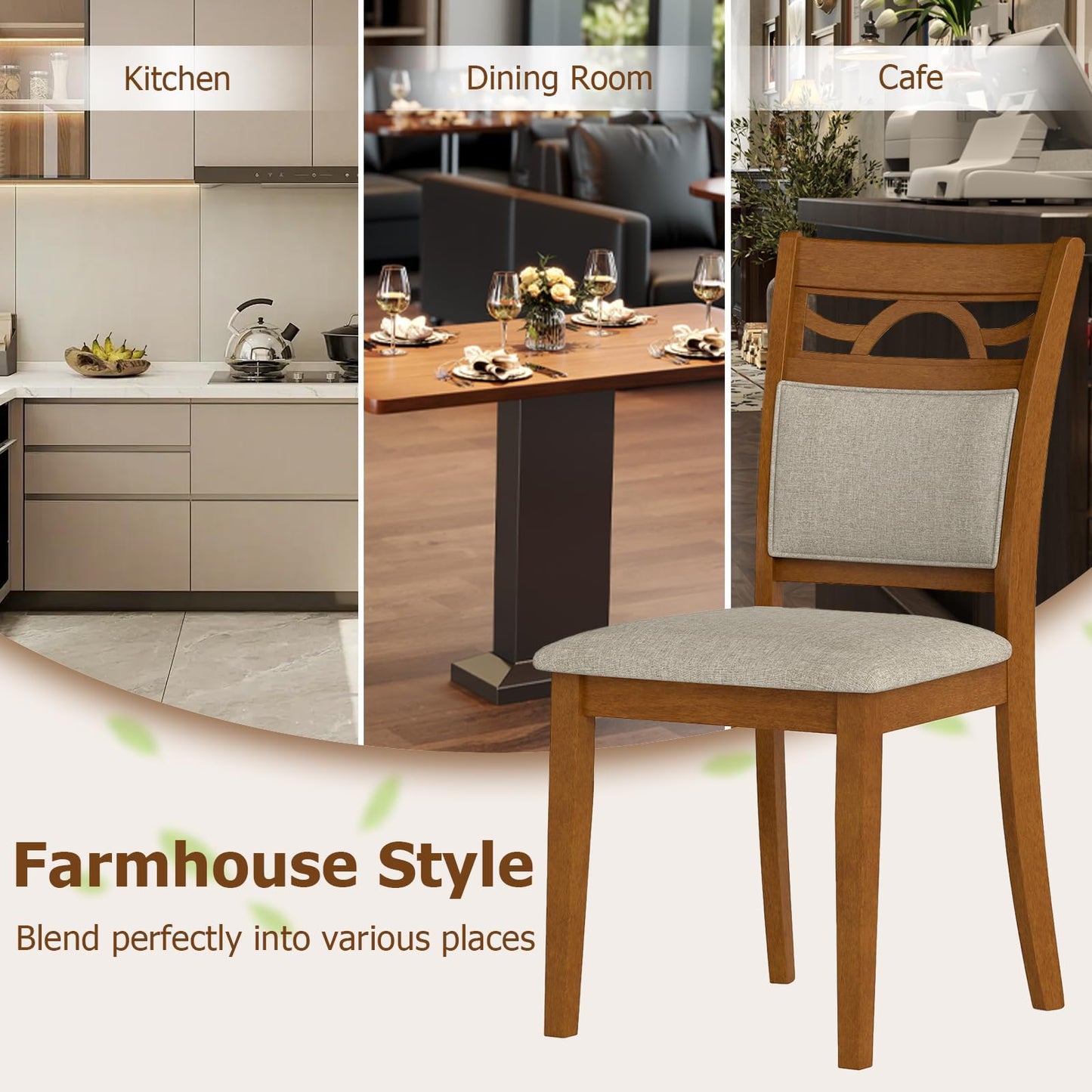 Giantex Wooden Dining Chairs Set of 4, Farmhouse Side Chairs w/Solid Rubber Wood Frames, Comfortable Backrests, Upholstered Fabric Kitchen Chairs, Perfect for Dining Room, Restaurant